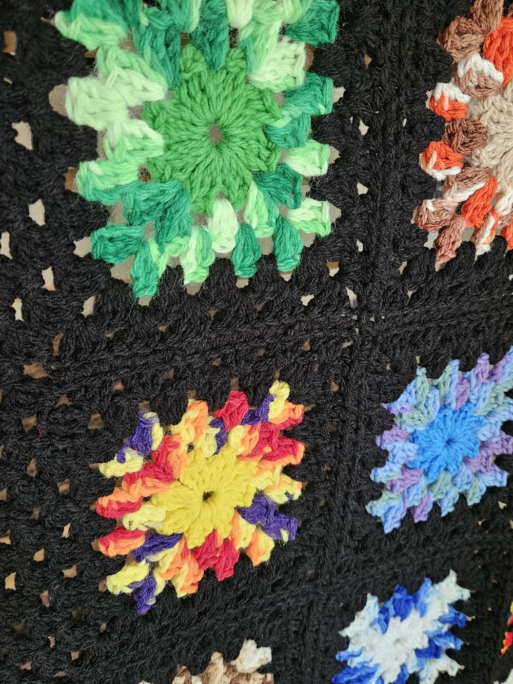 Vtg 1970s Crochet Granny Square Afghan Blanket Roseanne Throw 31x60 Pristine